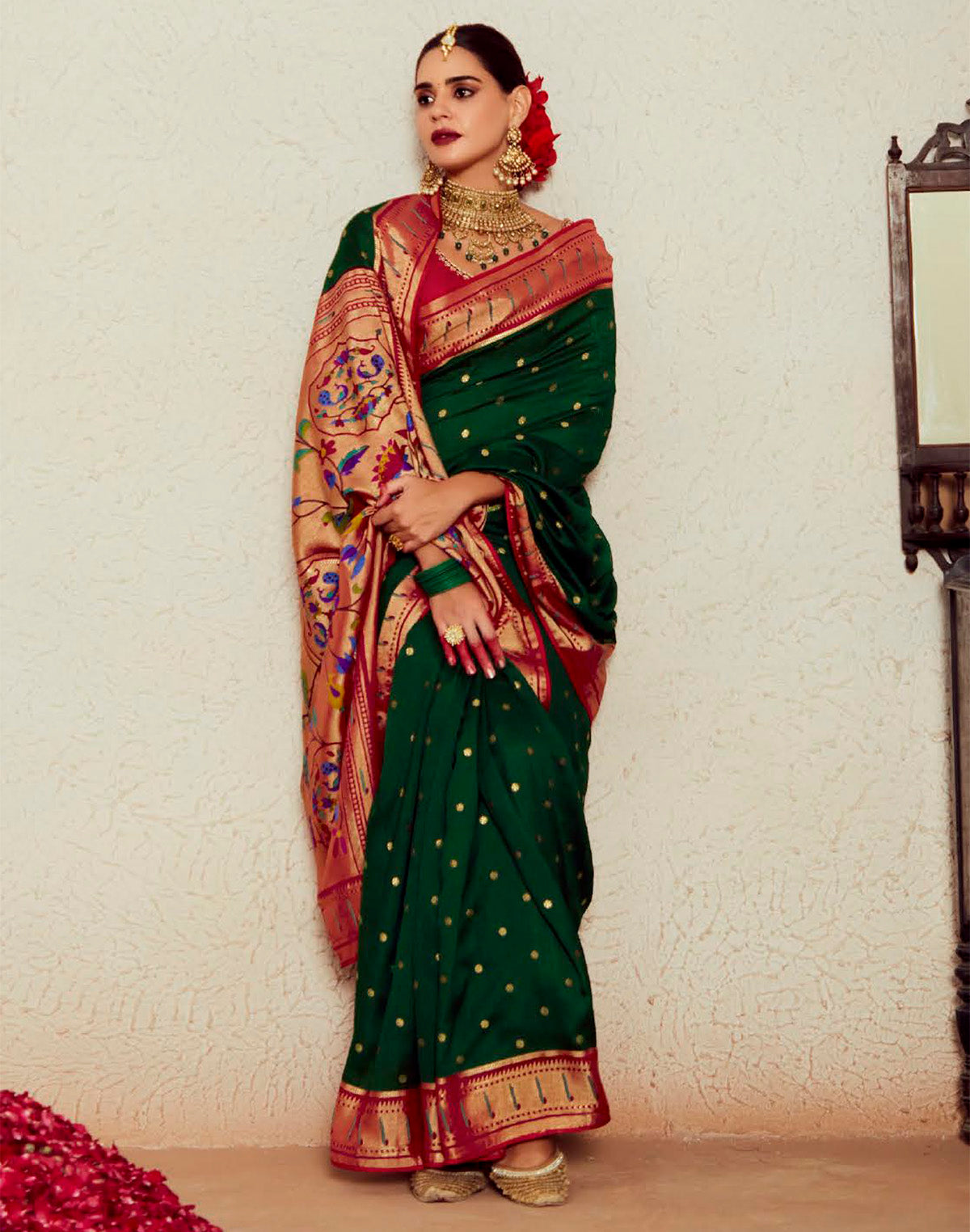 Dark Green  Brasso Silk Paithani Saree With Embroidered Blouse