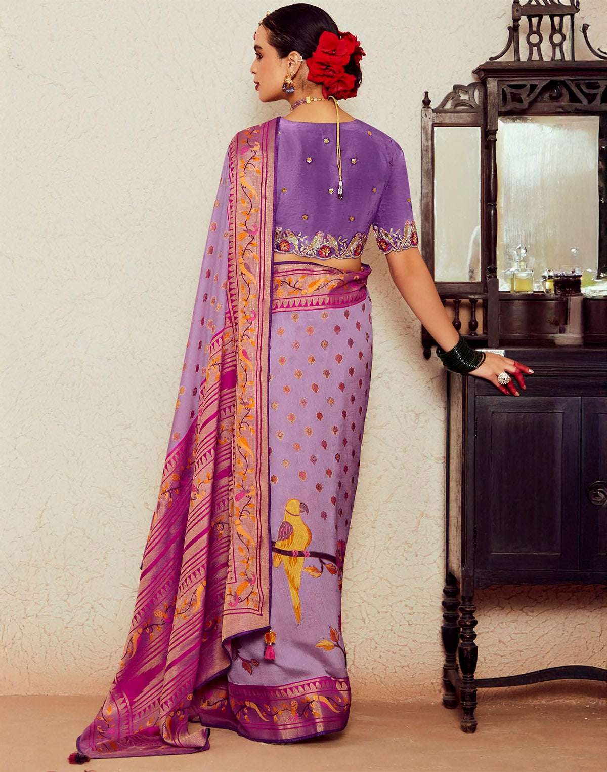 Light Purple Floral Pattern Brasso Silk Saree