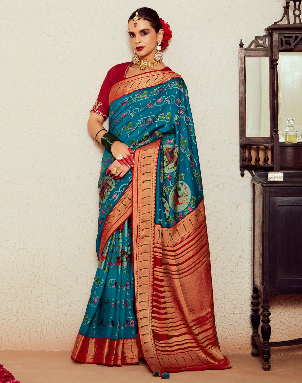 Blue Brasso Silk Paithani Saree With Embroidered Blouse