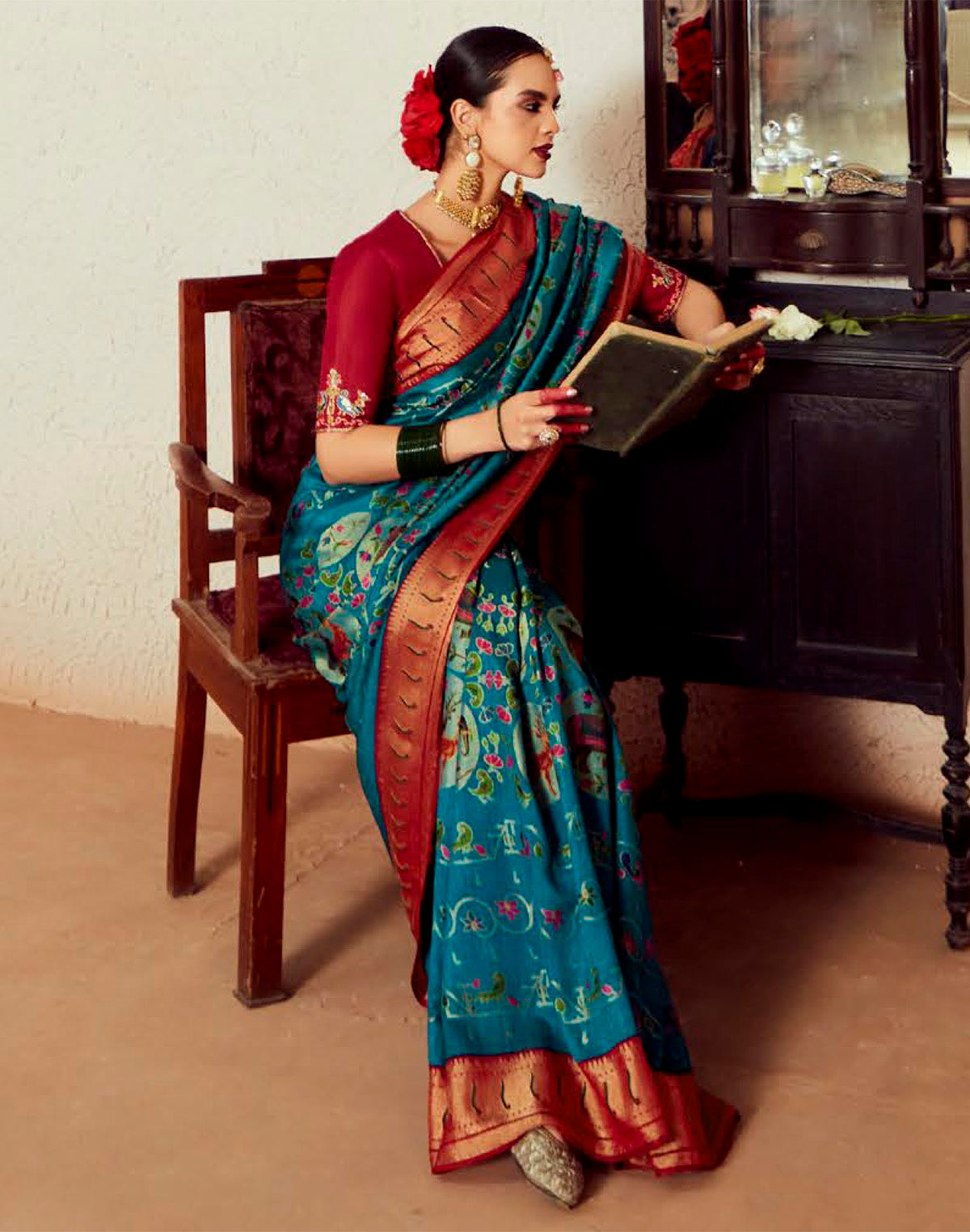 Blue Brasso Silk Paithani Saree With Embroidered Blouse