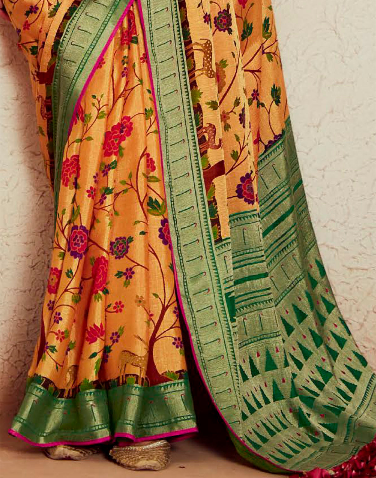 Floral Design Soft Brasso Silk Saree in Light Orange