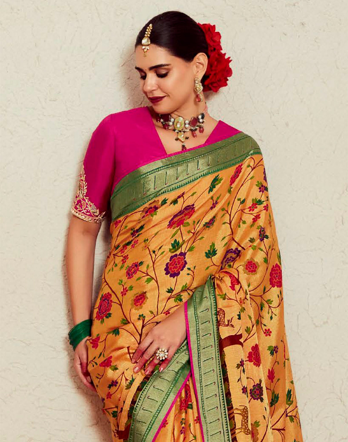 Floral Design Soft Brasso Silk Saree in Light Orange