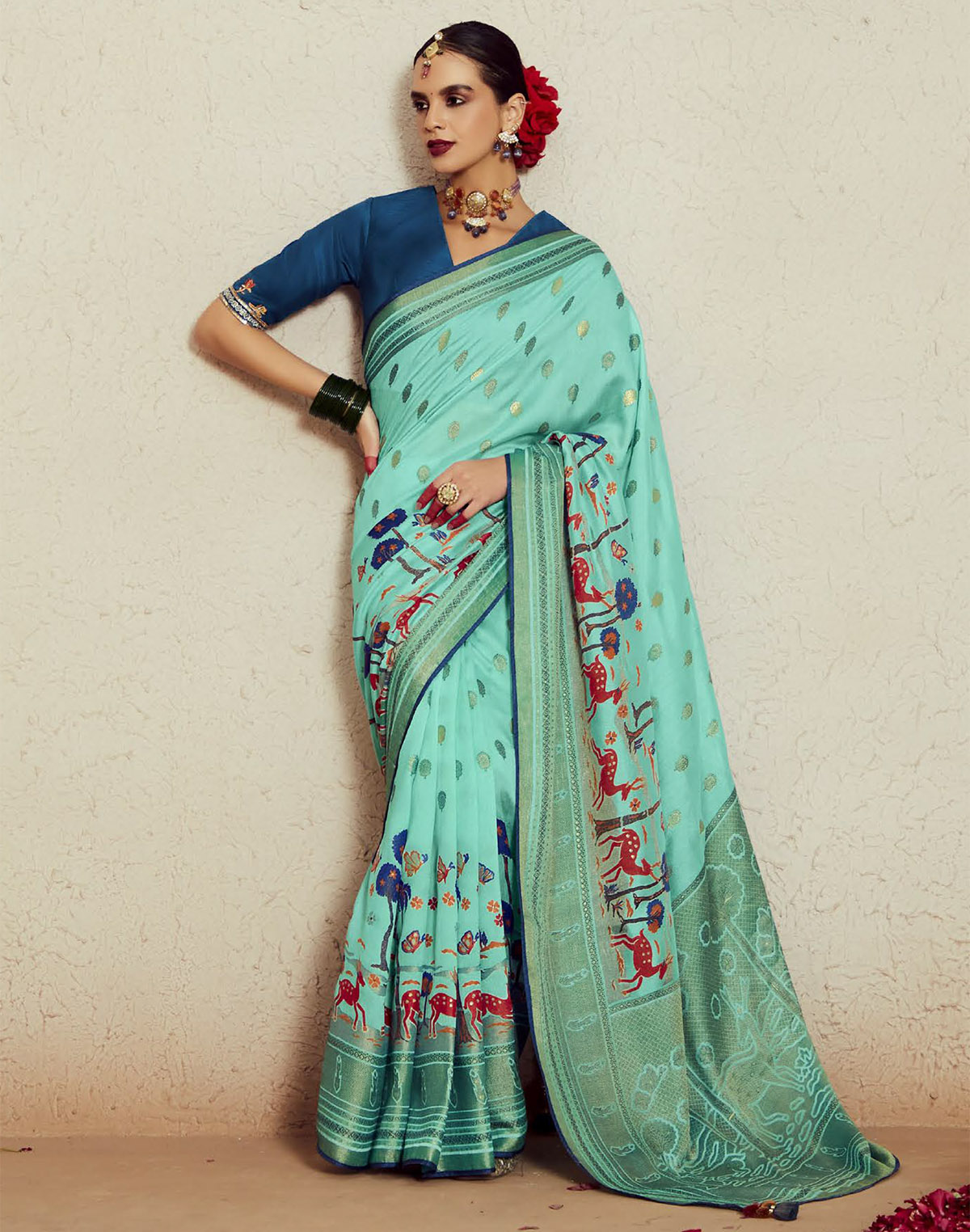 Sea Green Brasso Silk Saree With Embroidered Blouse