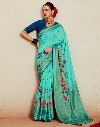 Sea Green Brasso Silk Saree With Embroidered Blouse