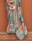 Antique Grey Soft Silk Saree with Floral Print