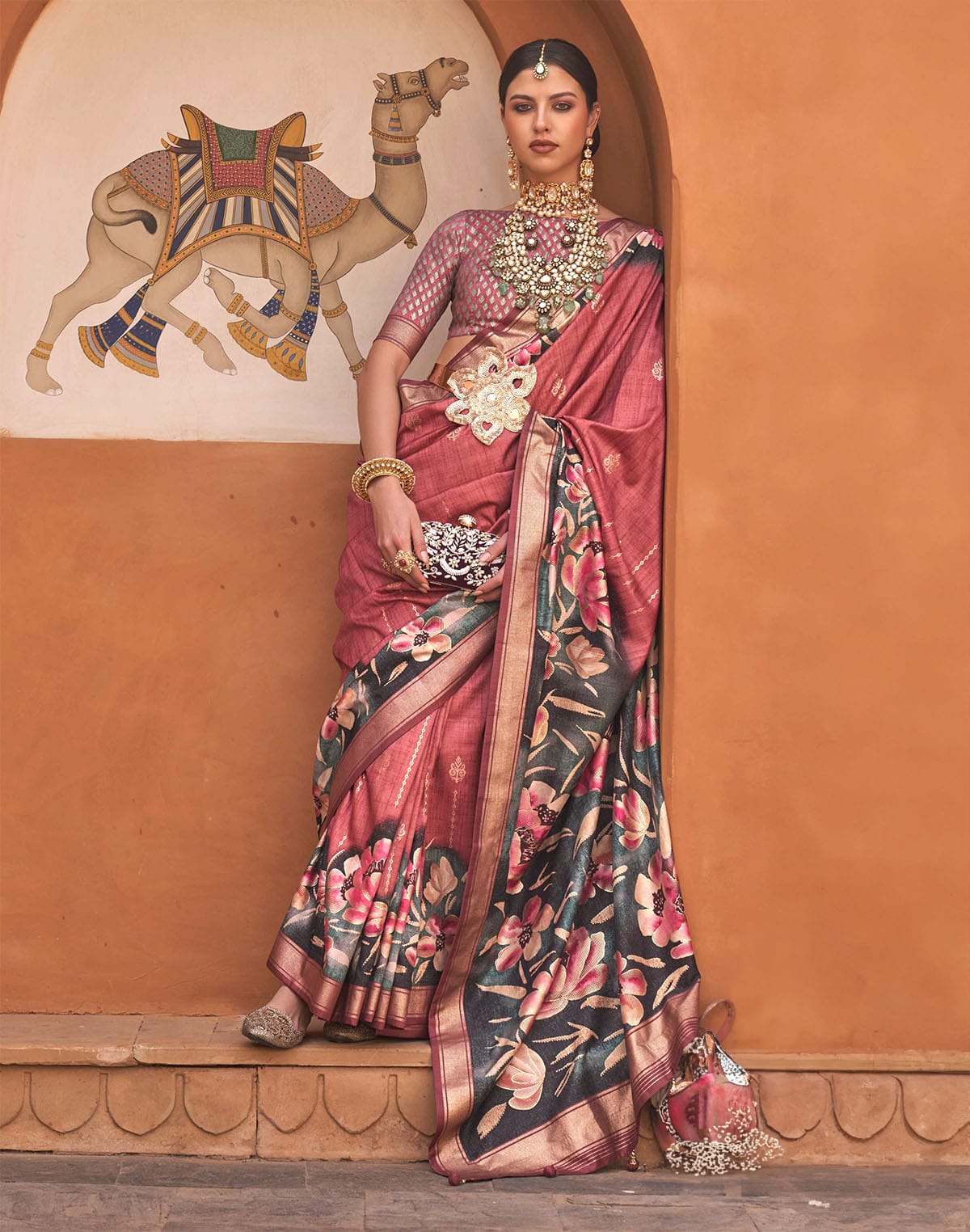 Mauve Pink Floral Soft Silk Saree