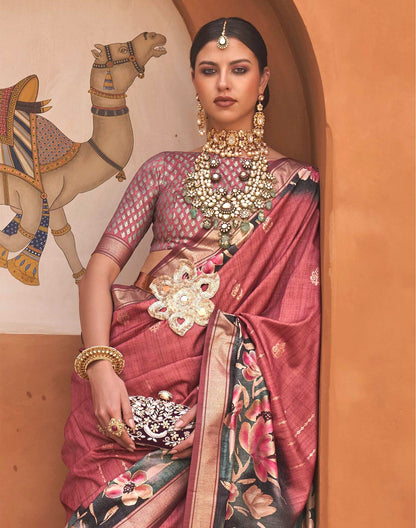 Mauve Pink Floral Soft Silk Saree