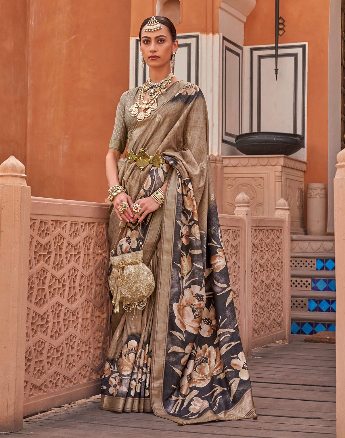 Classy Brown Floral Printed Soft Silk Saree