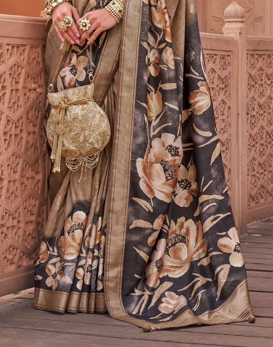 Classy Brown Floral Printed Soft Silk Saree