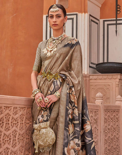 Classy Brown Floral Printed Soft Silk Saree