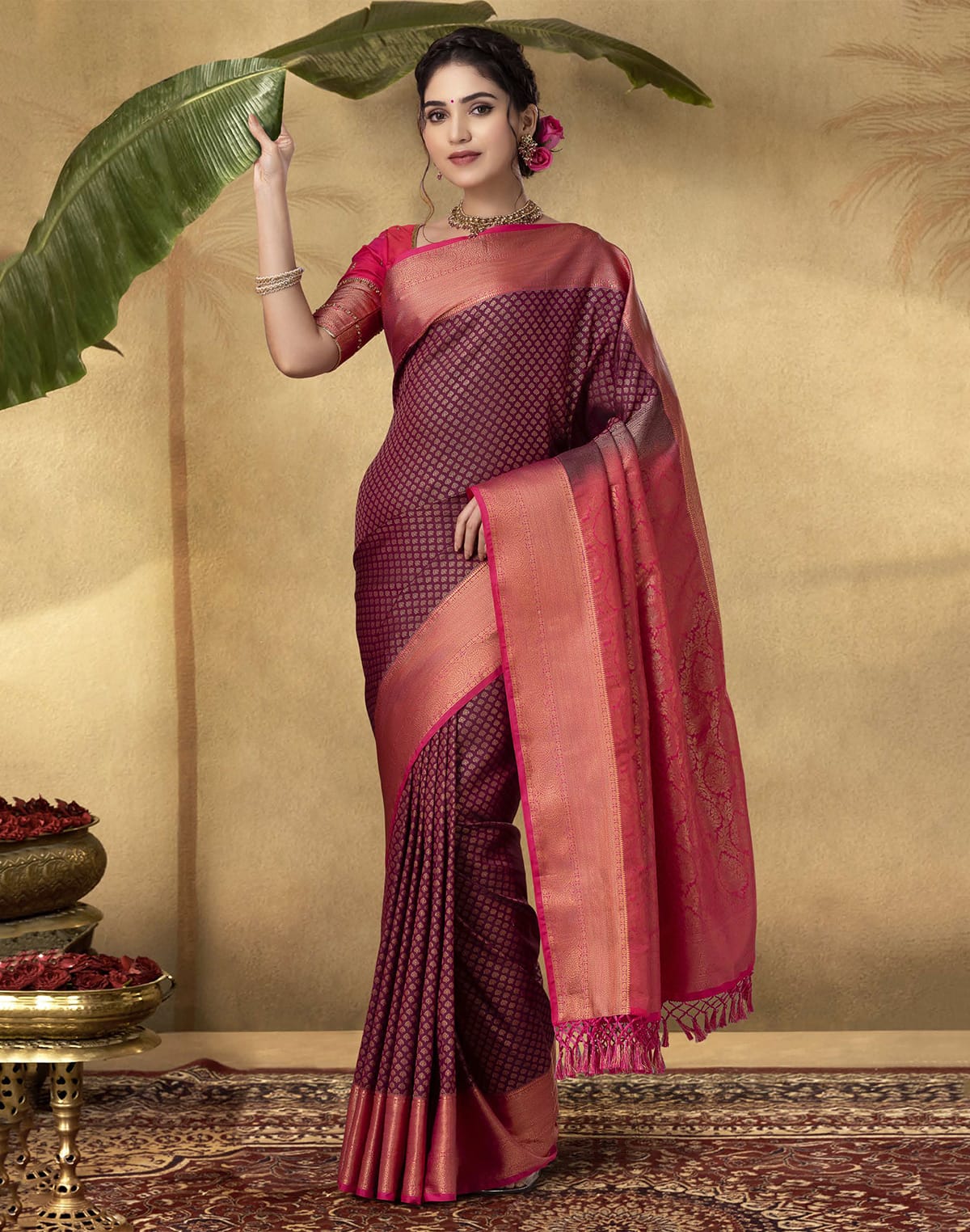 Traditional Maroon Brocade design Soft Banaras Fancy Saree