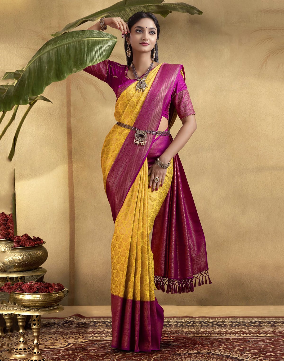 Soft Banaras Silk Yellow Coloured Contrast Border Saree