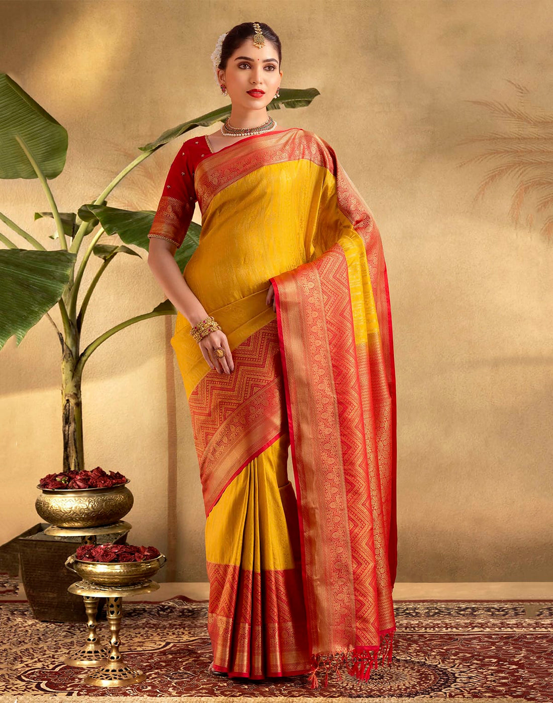 Yellow Coloured Self Design Soft Banaras Saree