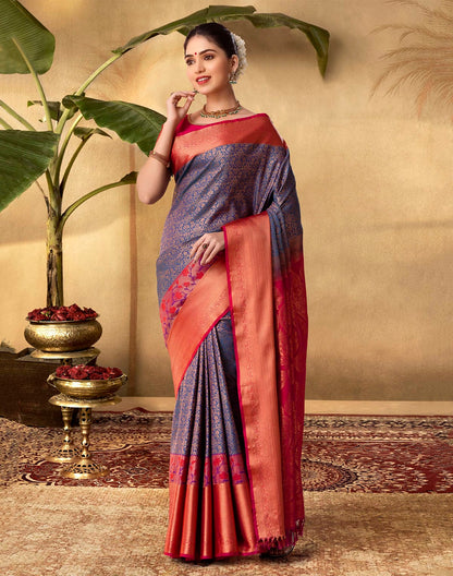 Blue Floral Soft Banaras Contrast Border Saree