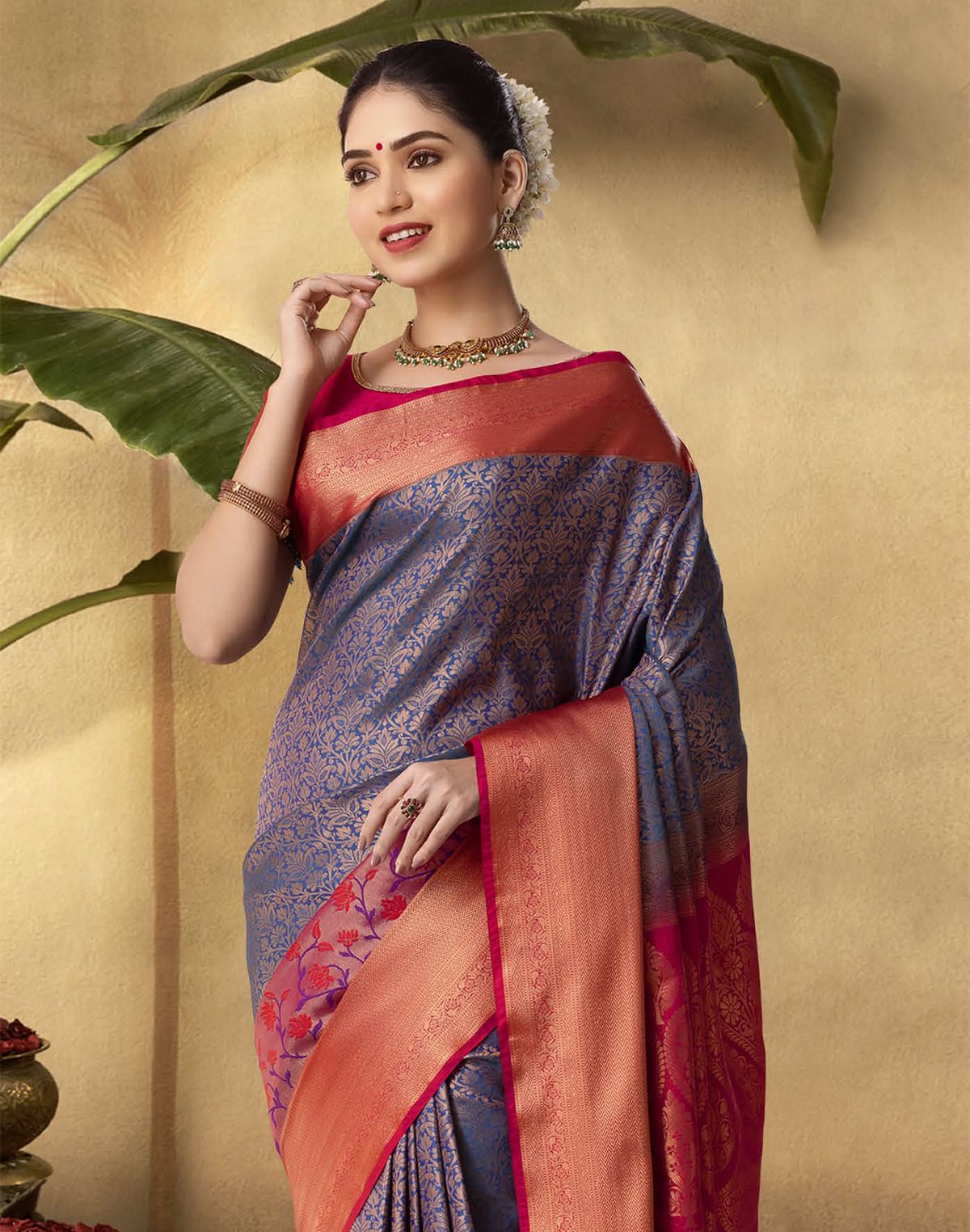 Blue Floral Soft Banaras Contrast Border Saree