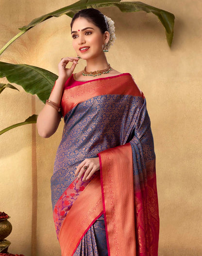 Blue Floral Soft Banaras Contrast Border Saree