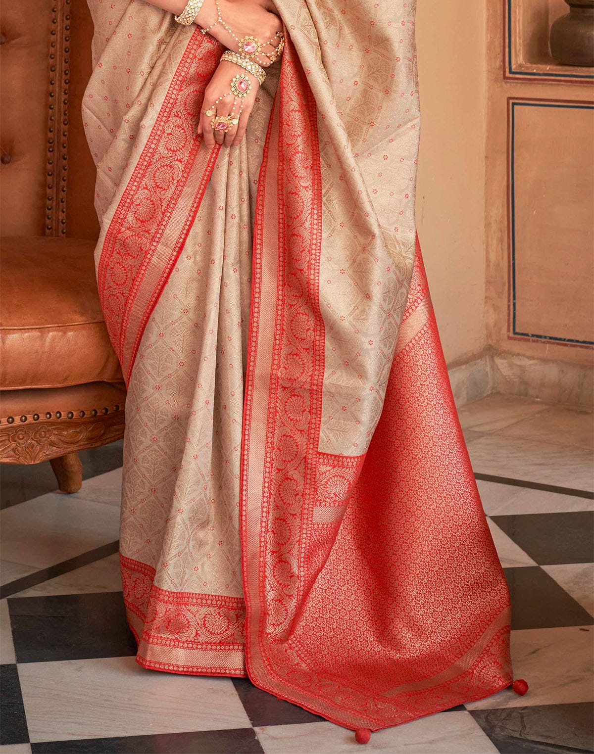 Beige Soft Banaras Silk Saree with Contrast Blouse