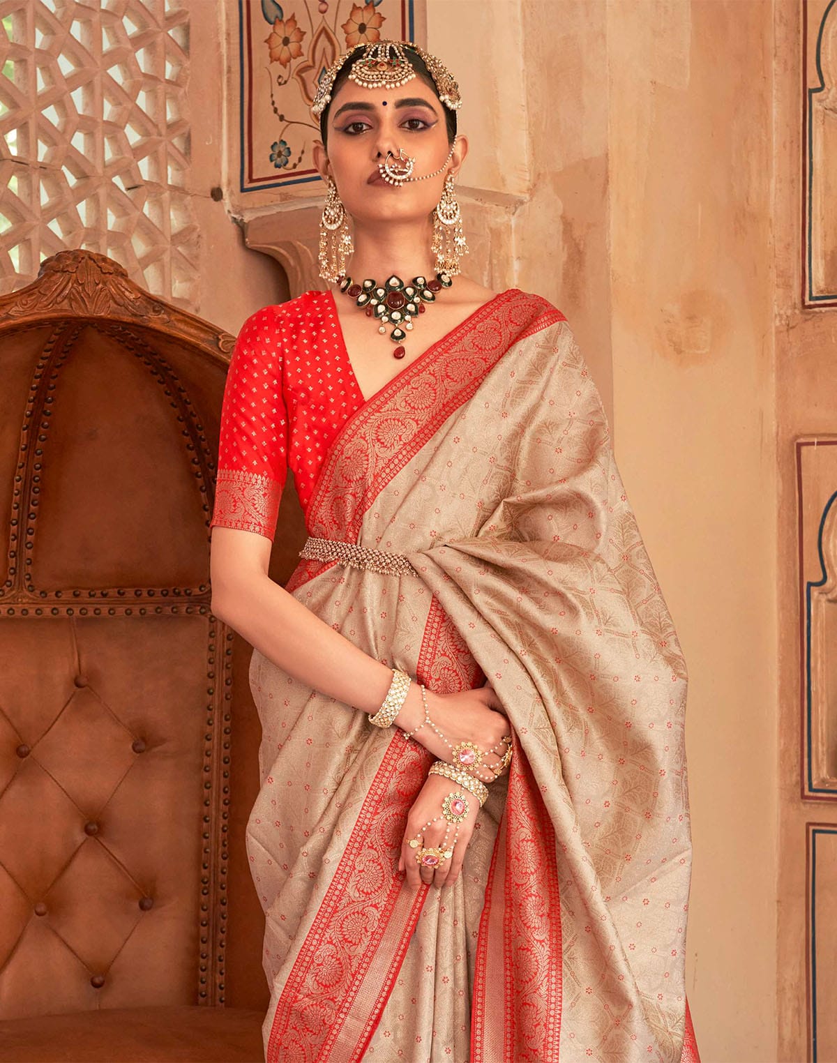 Beige Soft Banaras Silk Saree with Contrast Blouse