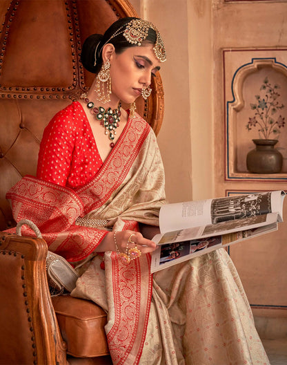 Beige Soft Banaras Silk Saree with Contrast Blouse