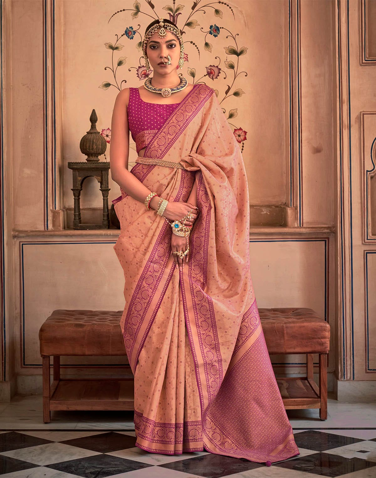 Peach Coloured Soft Banaras Silk Saree