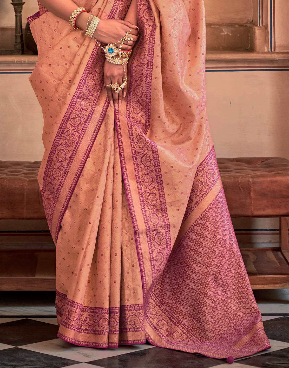 Peach Coloured Soft Banaras Silk Saree