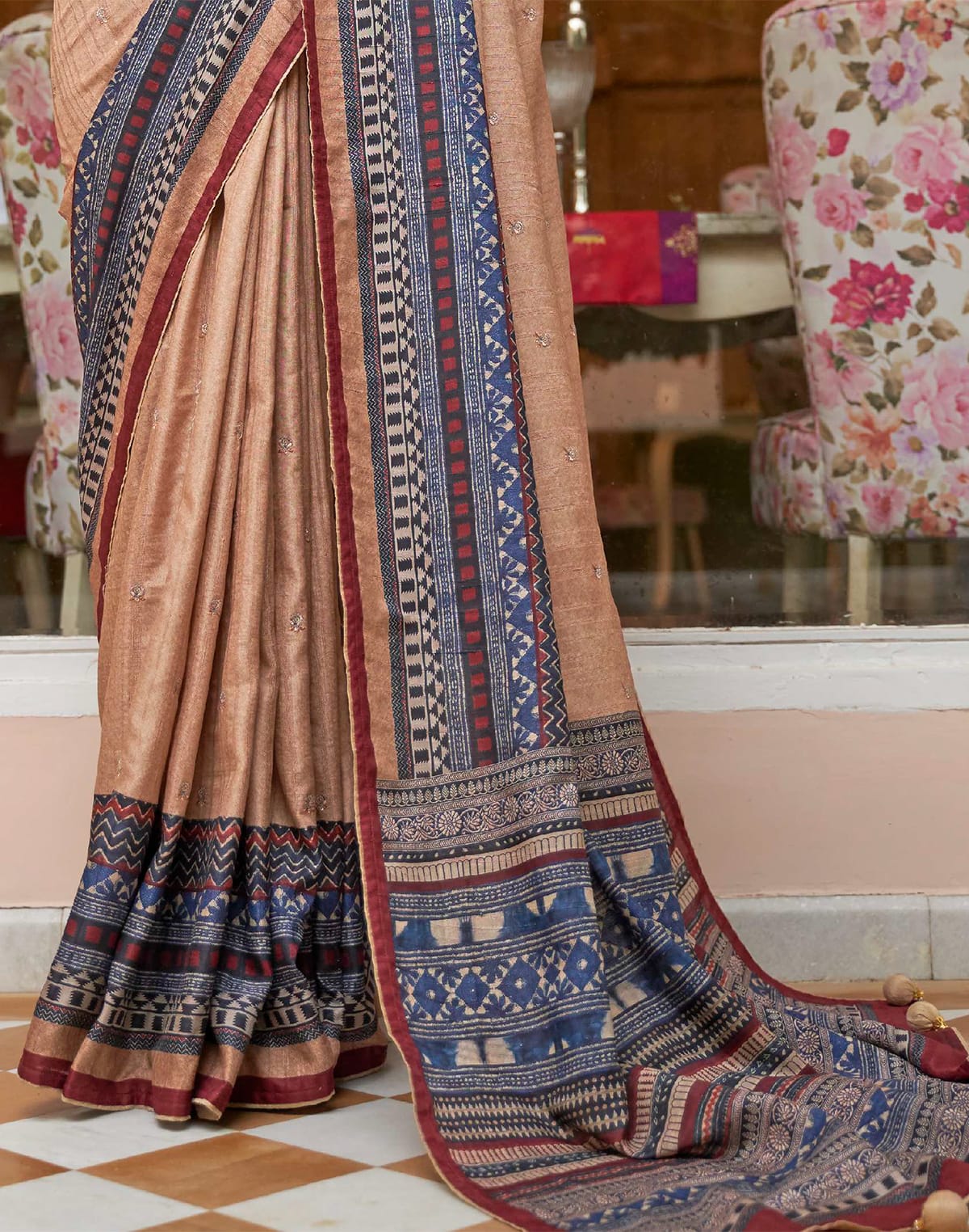 Light Beige Self Design Jute Silk Saree