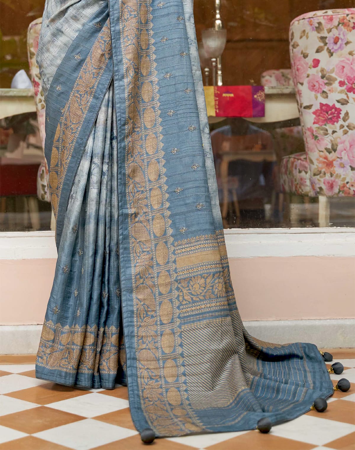 Light Blue Khaddi Jute Silk Fancy Saree