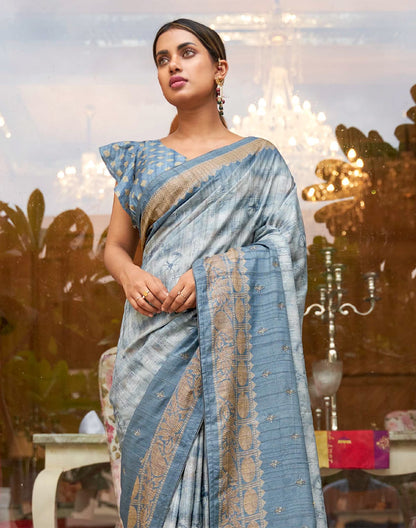 Light Blue Khaddi Jute Silk Fancy Saree