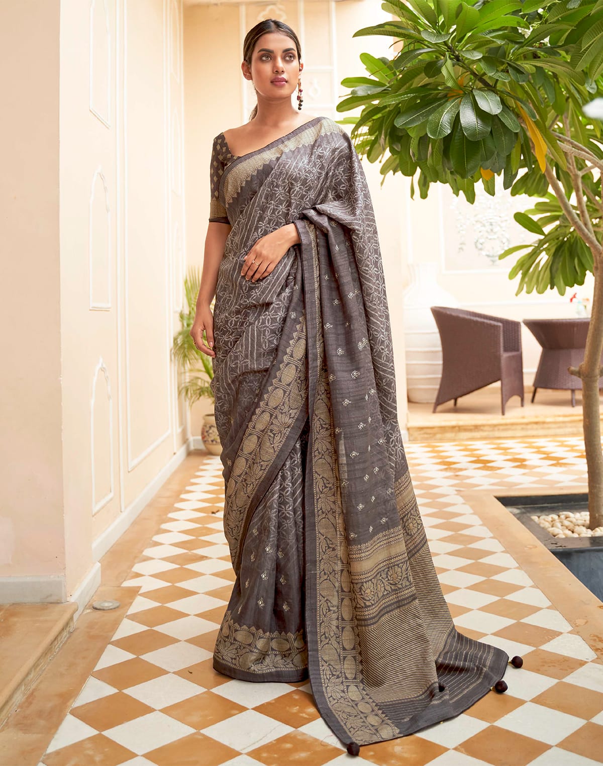 Grey Floral Jute Silk Fancy Saree