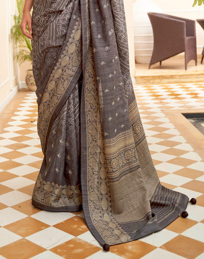 Grey Floral Jute Silk Fancy Saree