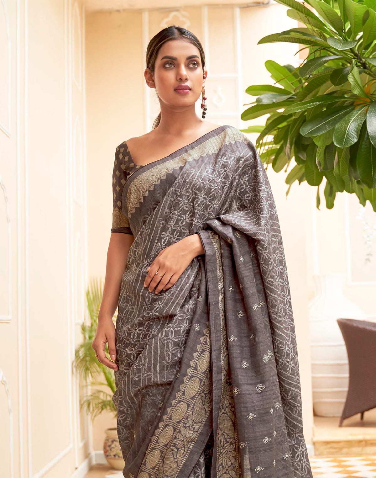 Grey Floral Jute Silk Fancy Saree