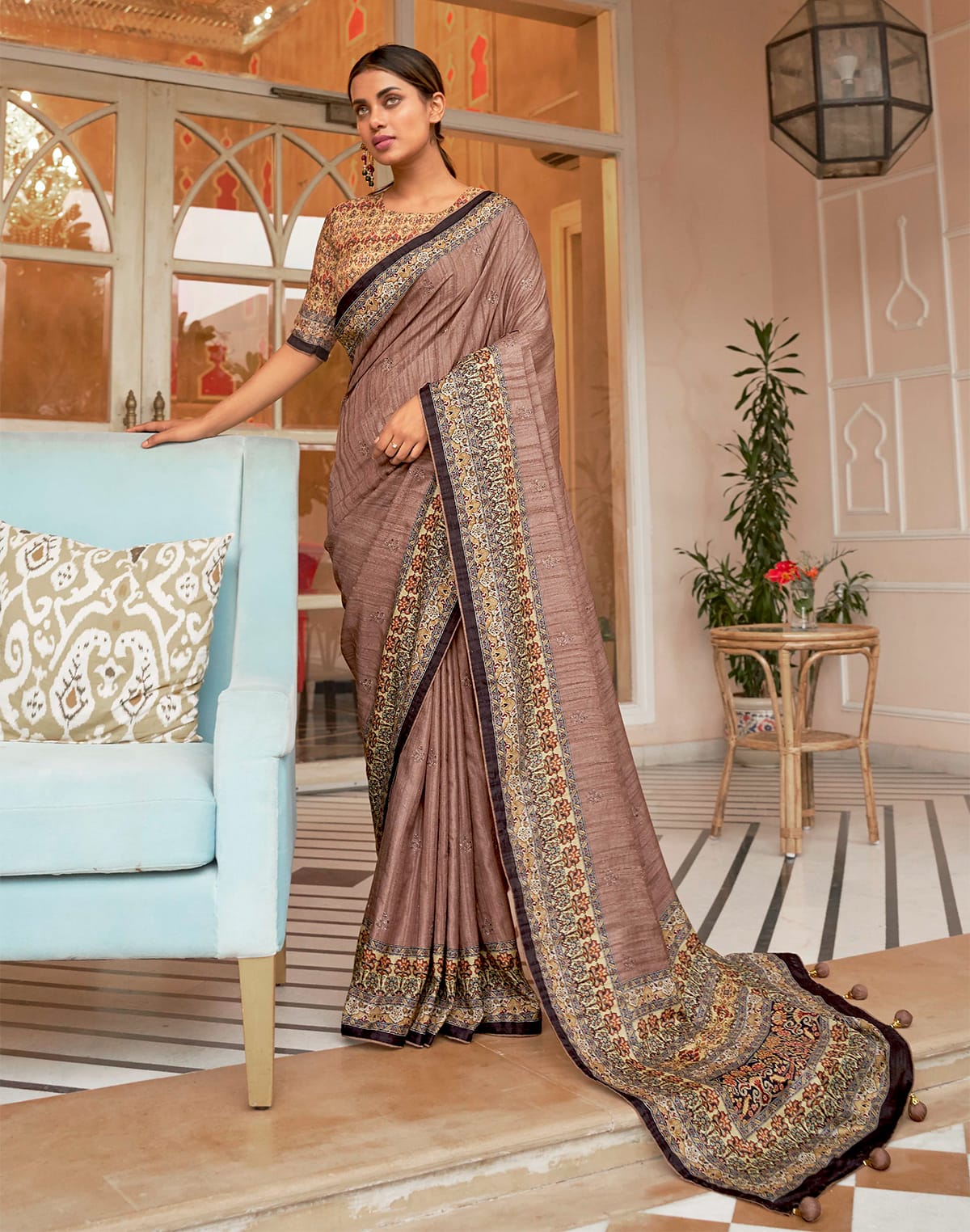 Light Brown Floral  Jute Silk Saree