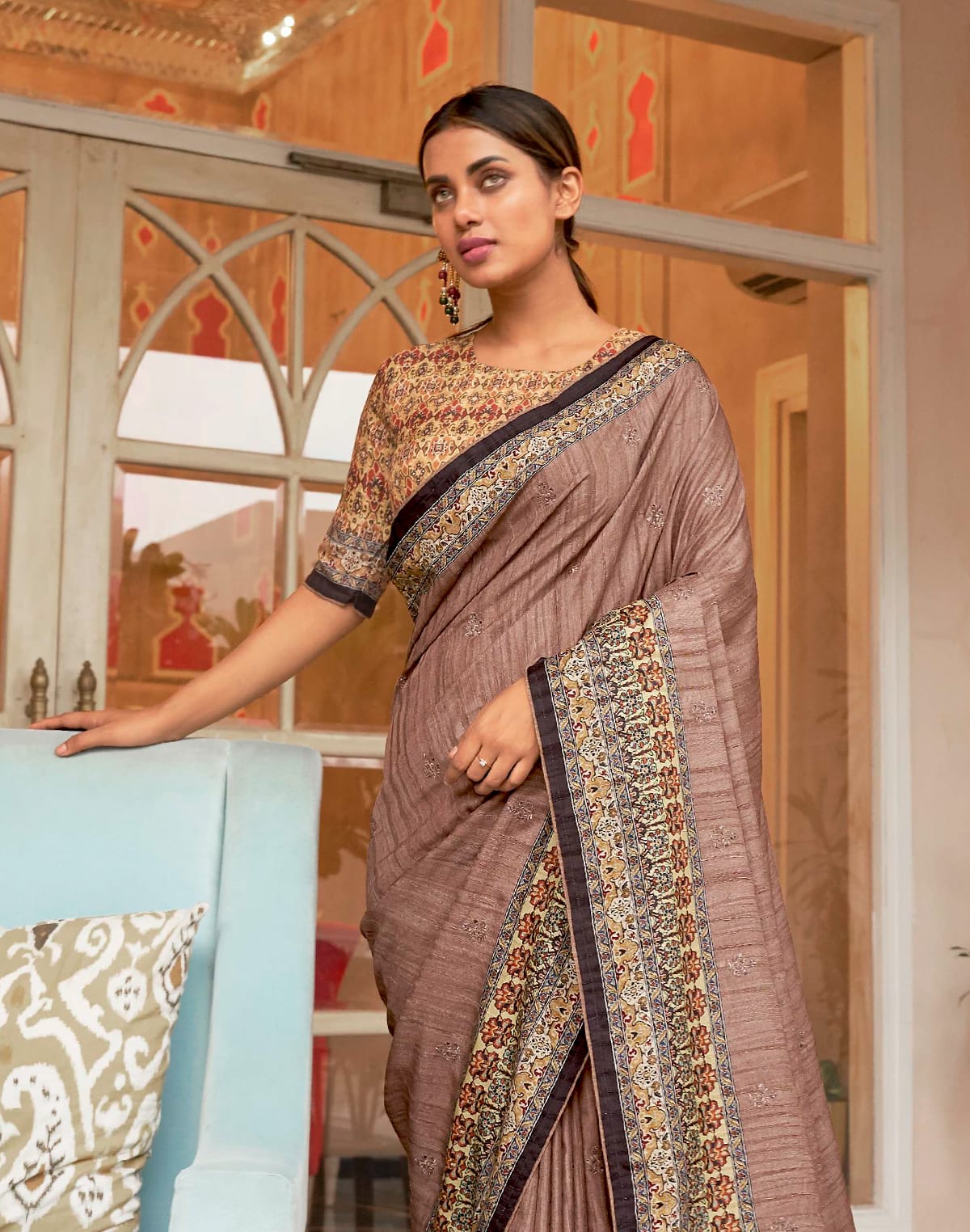 Light Brown Floral  Jute Silk Saree