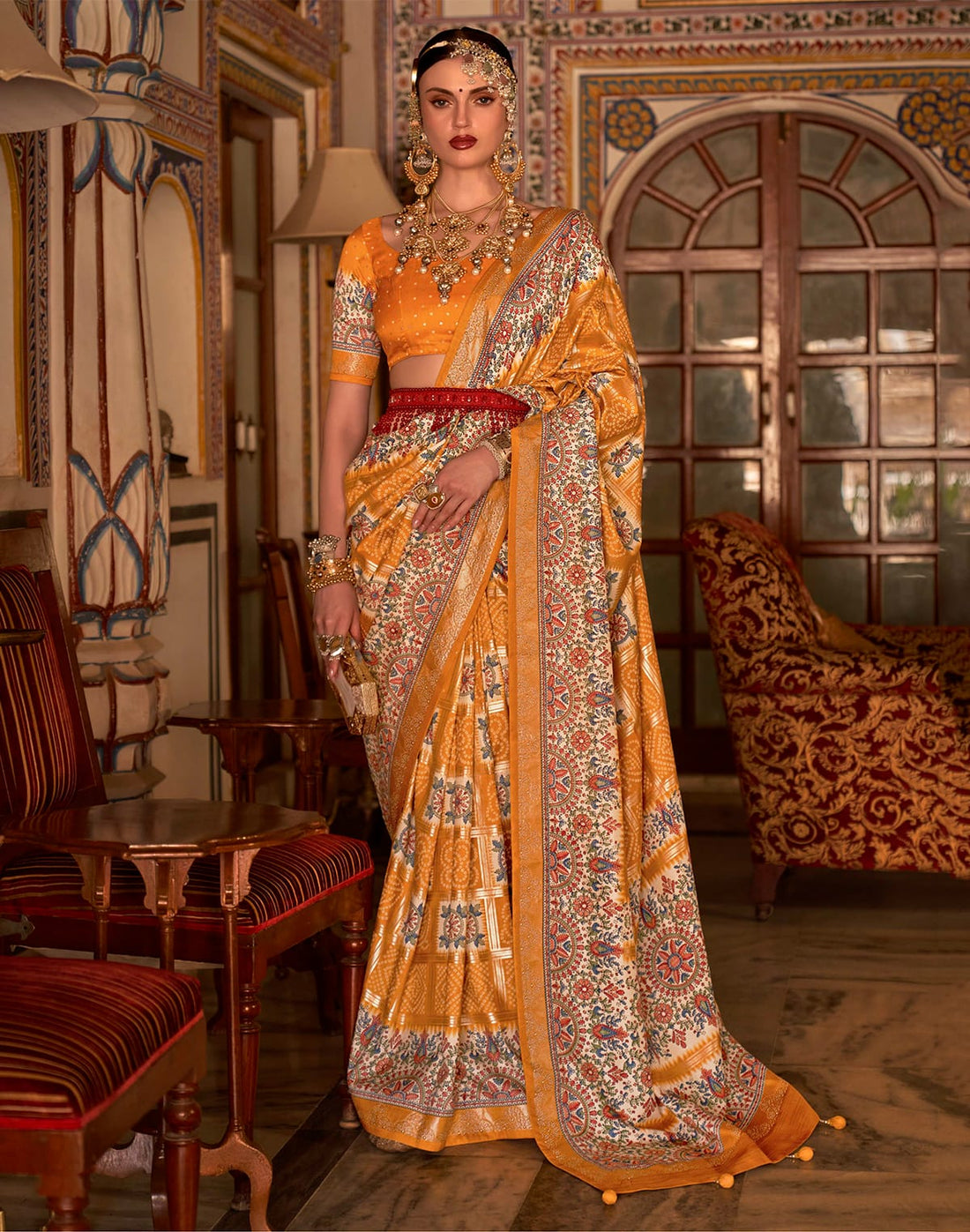 Mustard Bandhini Print smooth Patola Silk Saree