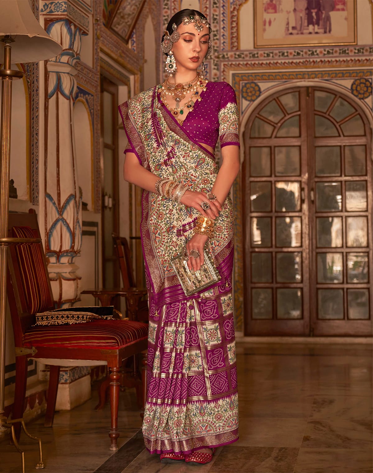 Magenta Bandhini Print Art Patola Saree