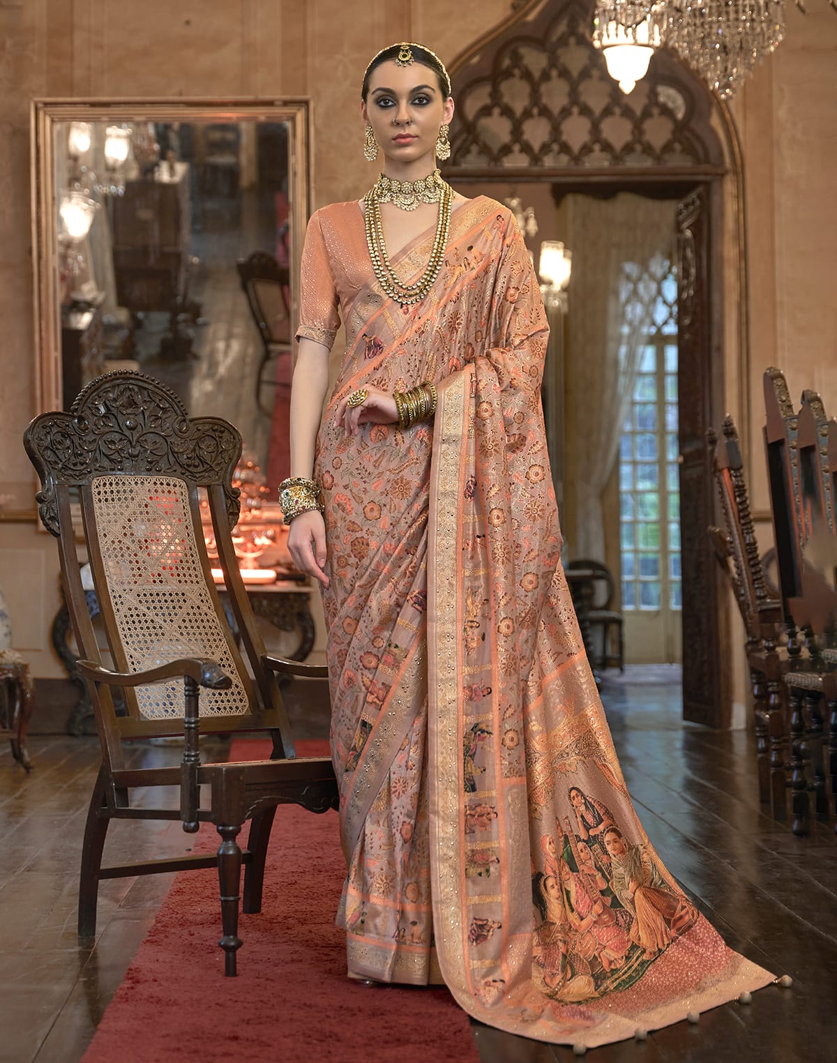 Blissful Peach Colour Floral  Mica Print Patola Saree