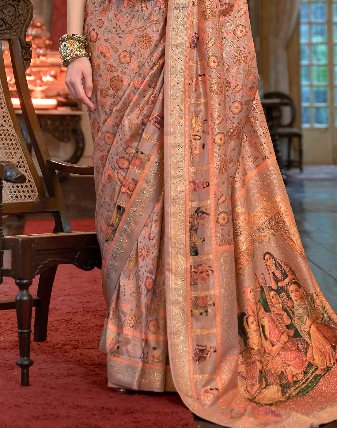 Blissful Peach Colour Floral  Mica Print Patola Saree