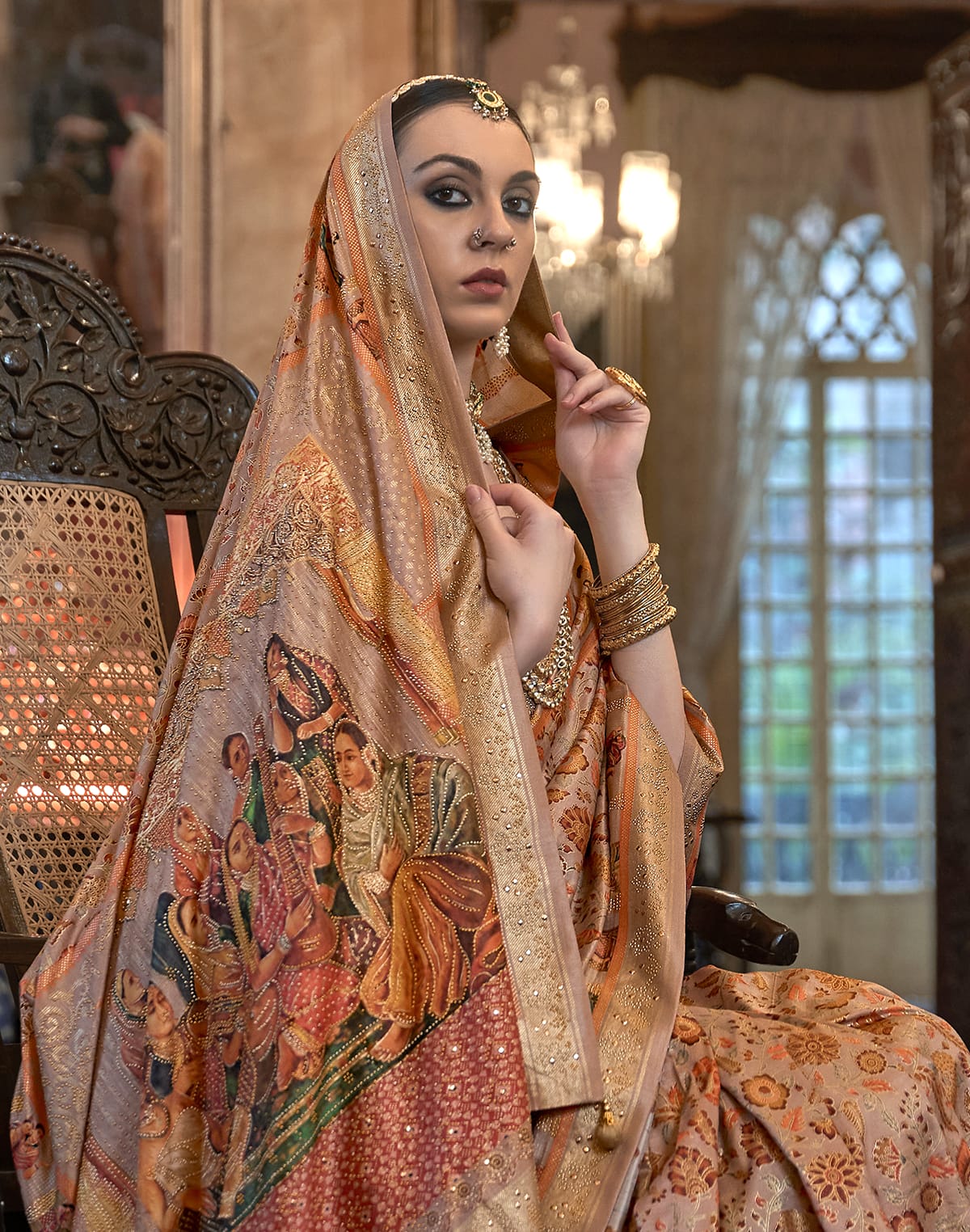 Blissful Peach Colour Floral  Mica Print Patola Saree