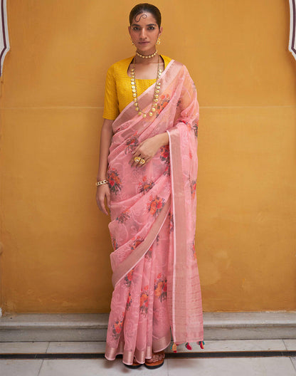 Light Pink Organza Floral Print Designer Saree