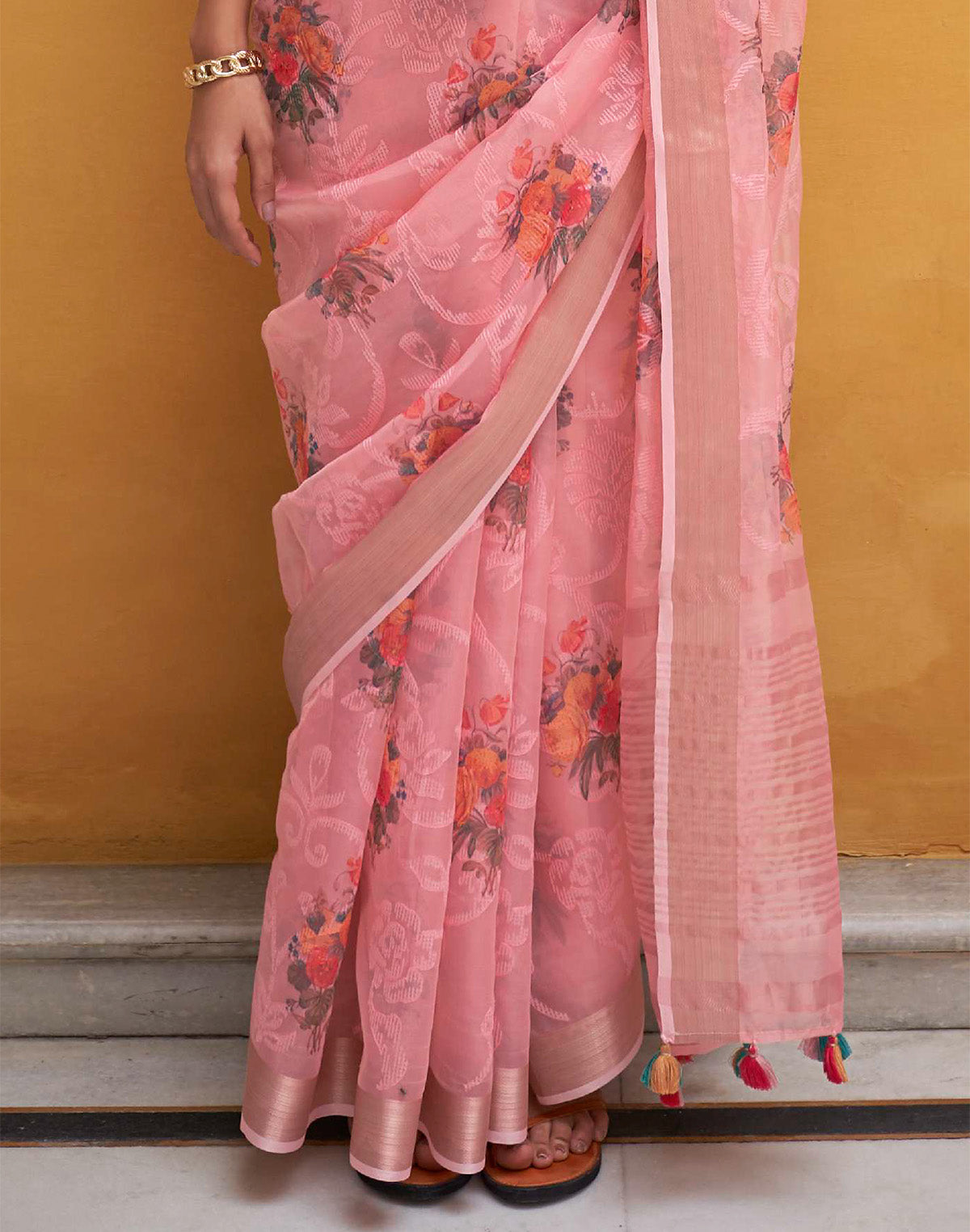 Light Pink Organza Floral Print Designer Saree