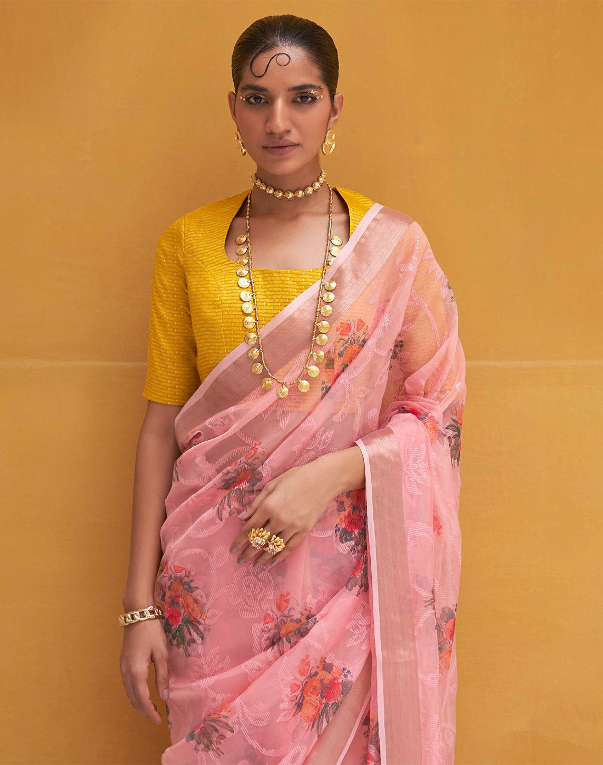 Light Pink Organza Floral Print Designer Saree