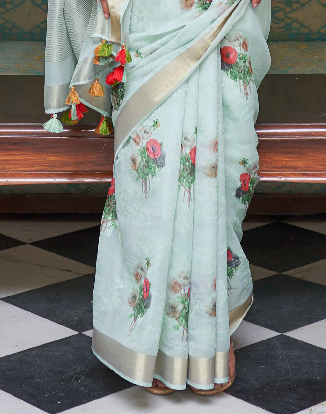 Light Blue Floral Print Organza Saree and Green Colored Blouse