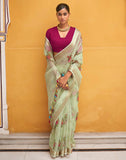 Light Pista Green Floral Print Organza Saree With Tussels