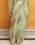 Light Pista Green Floral Print Organza Saree With Tussels