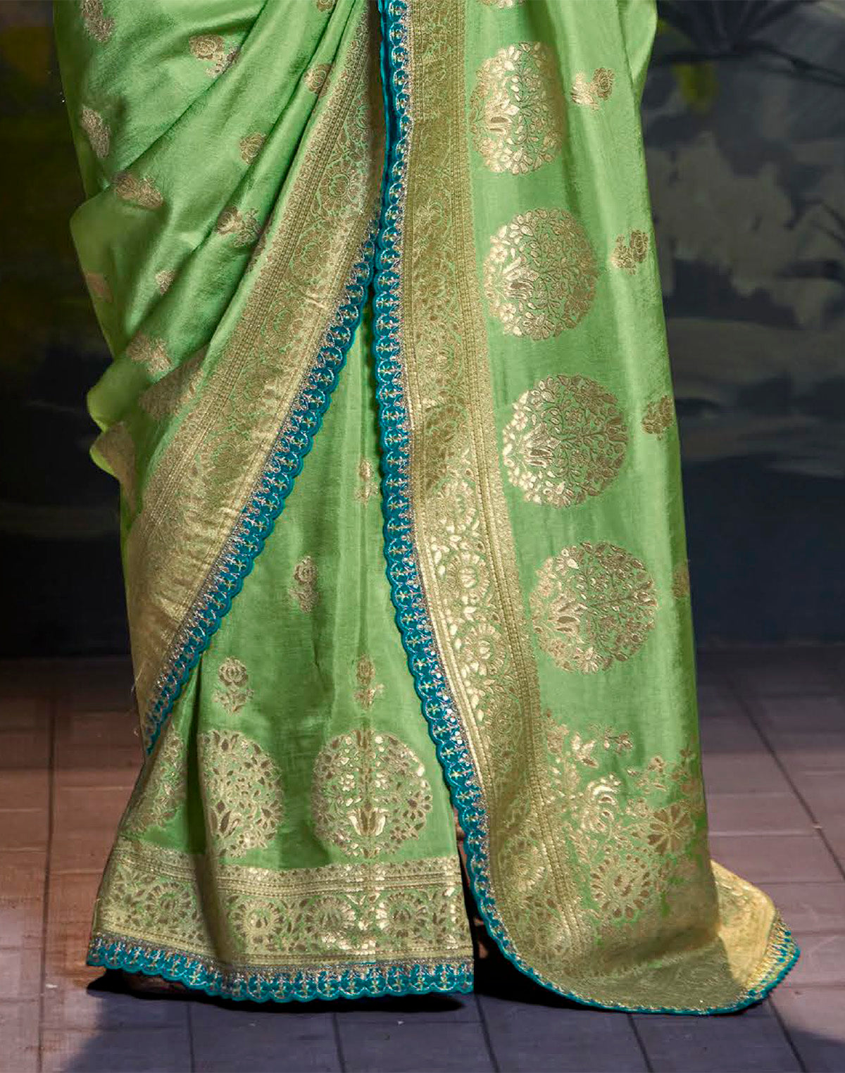 Pista Green Pure Dola Silk Saree With Designer Blue Embroidery Work Blouse