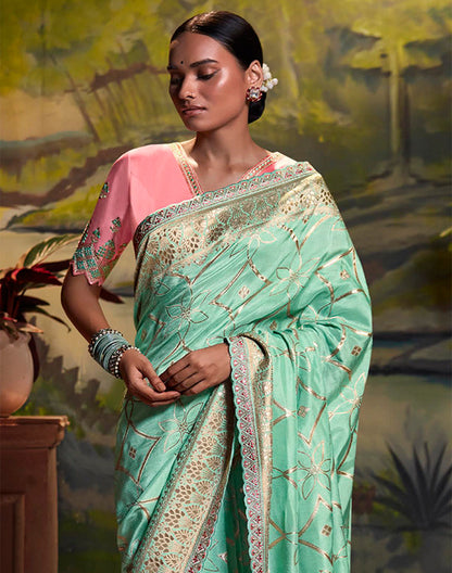 Sea Green Pure Dola Silk Saree With Fancy Lace Border and Embroidery Work Blouse