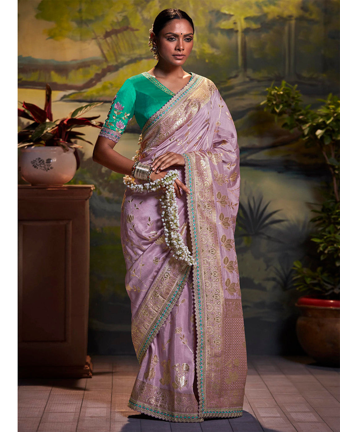 Purple Coloured Pure Dola Silk Floral Saree With Fancy Lace Border