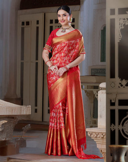 Red Kanchipuram Pure Silk Self Blouse and Self Saree