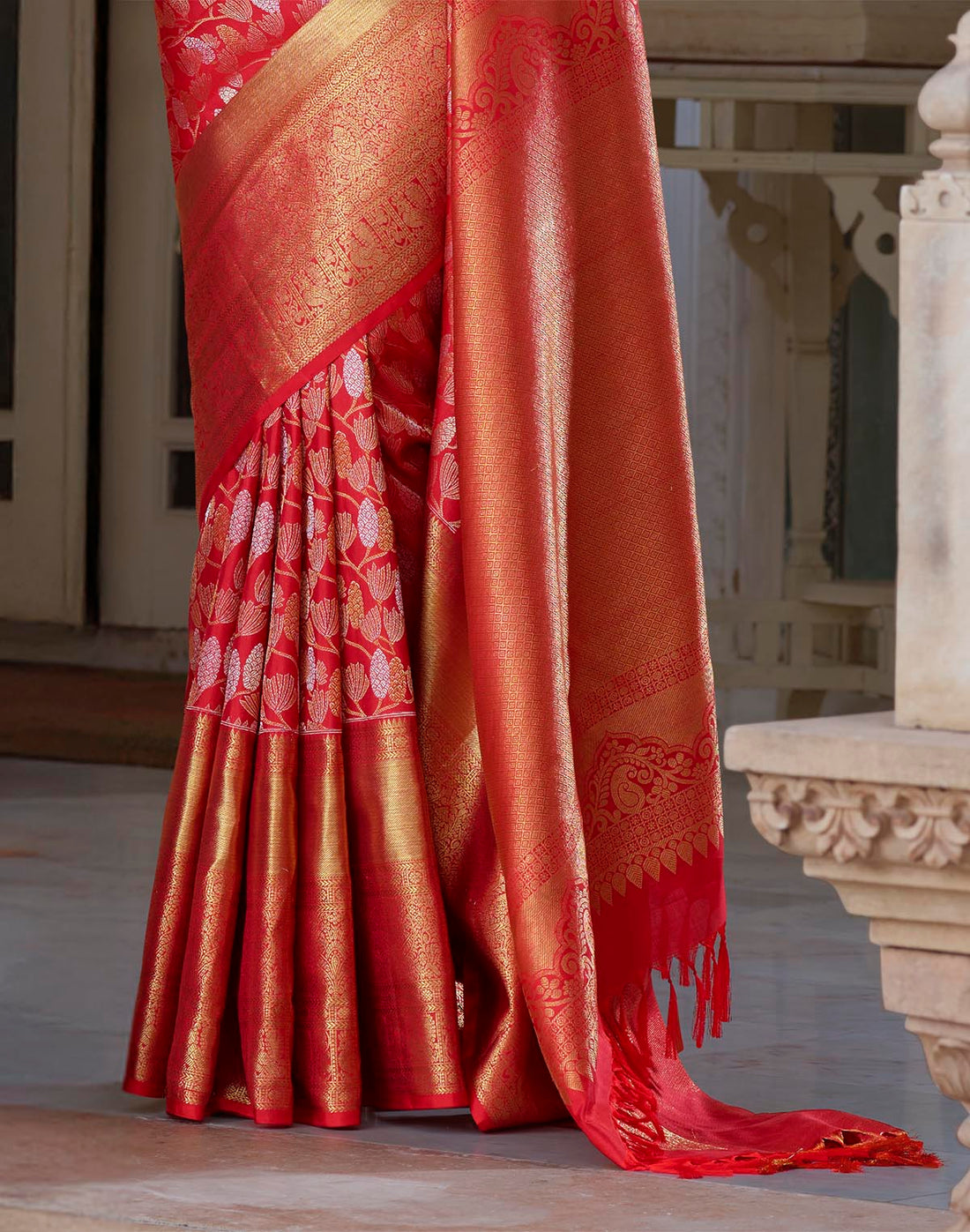 Red Kanchipuram Pure Silk Self Blouse and Self Saree