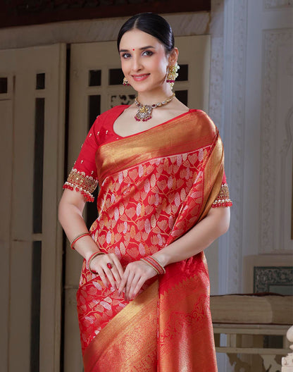 Red Kanchipuram Pure Silk Self Blouse and Self Saree